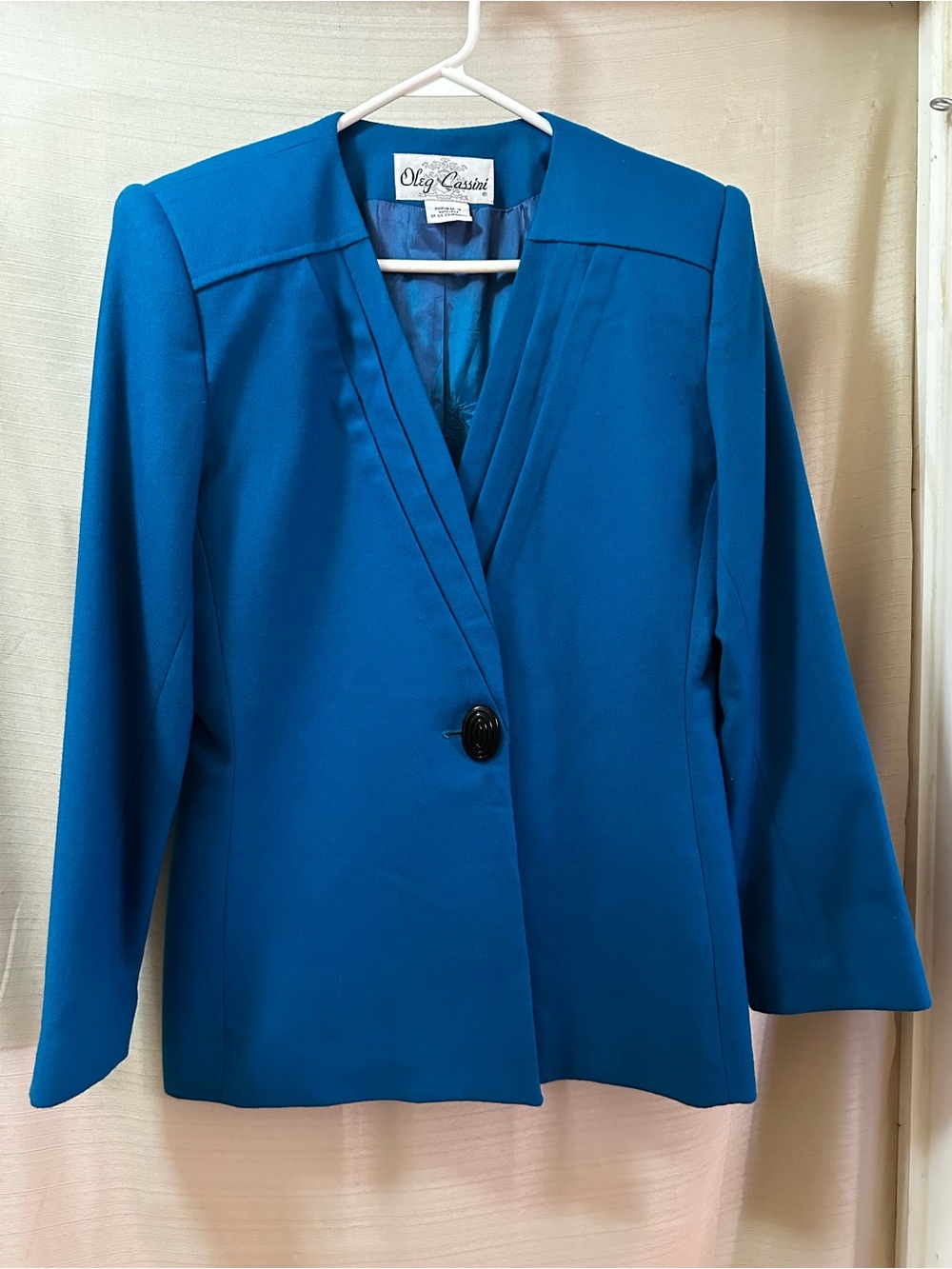 Vintage 80s Oleg Cassini Blue Power Blazer Statement Shoulder Jacket S/M